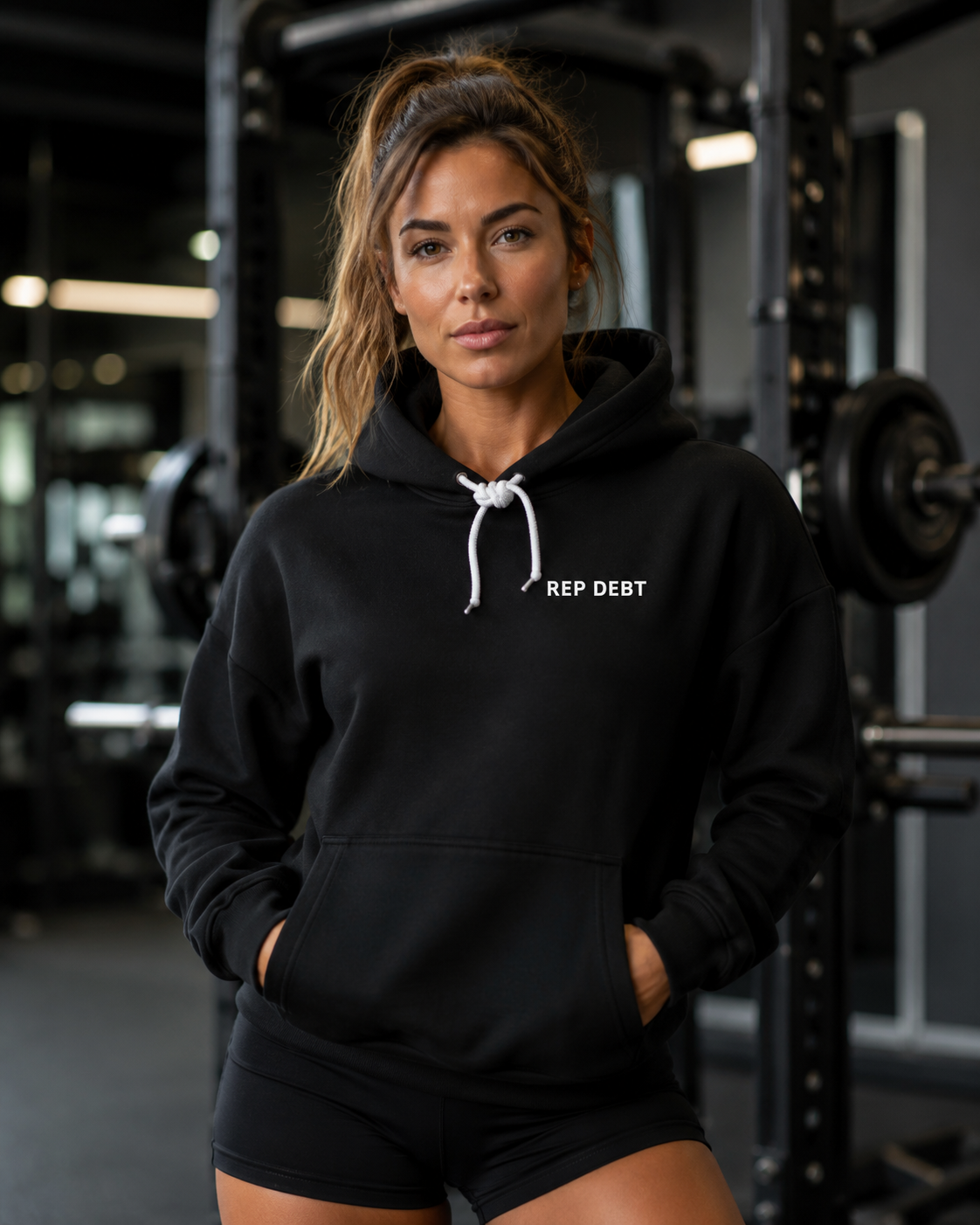 REP DEBT Pullover Hoodie - Black lifestyle detail