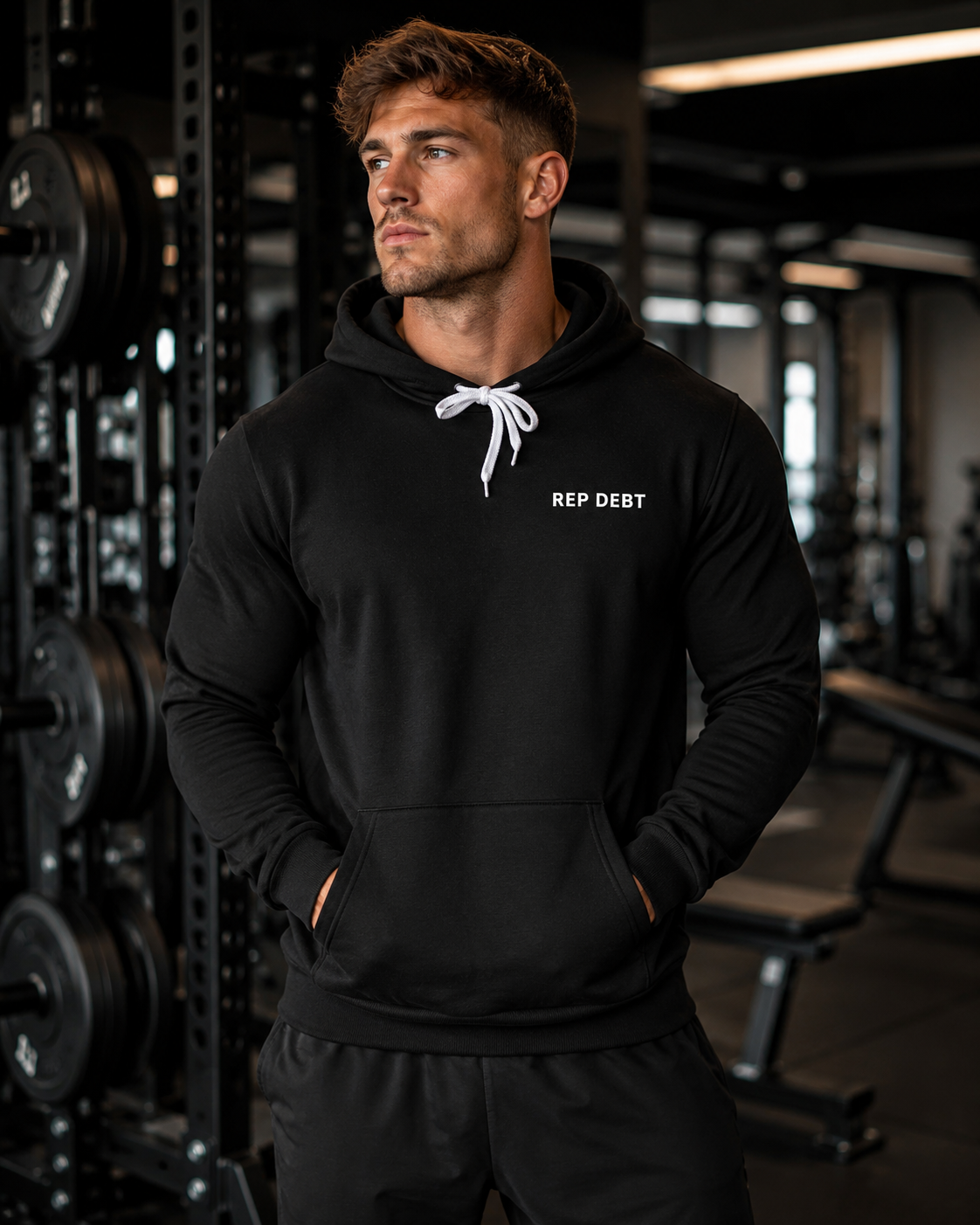 REP DEBT Pullover Hoodie - Black lifestyle detail
